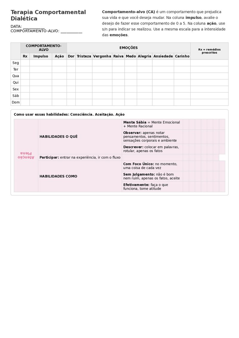 Ficha de Mindfulness com tabela de comportamento e habilidades 'O quê' e 'Como'